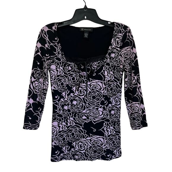 INC International Concepts Y2K Purple Mesh Rose Goth Print Long Sleeve Top Sz S - Picture 1 of 8
